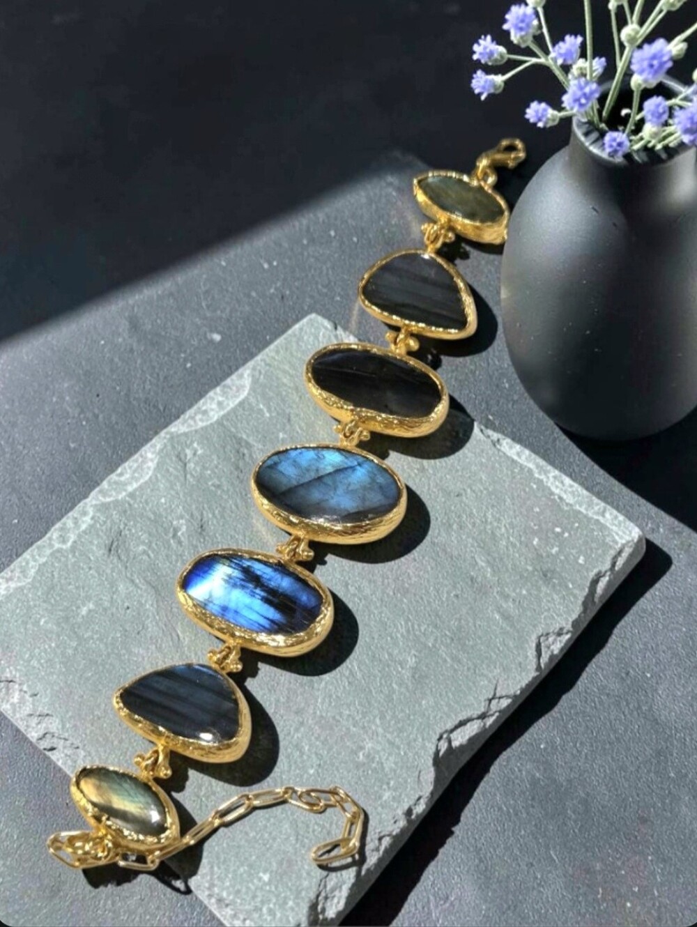18k Gold Plated Artisan Rainbow Flash Labradorite Panel Chain Bracelet